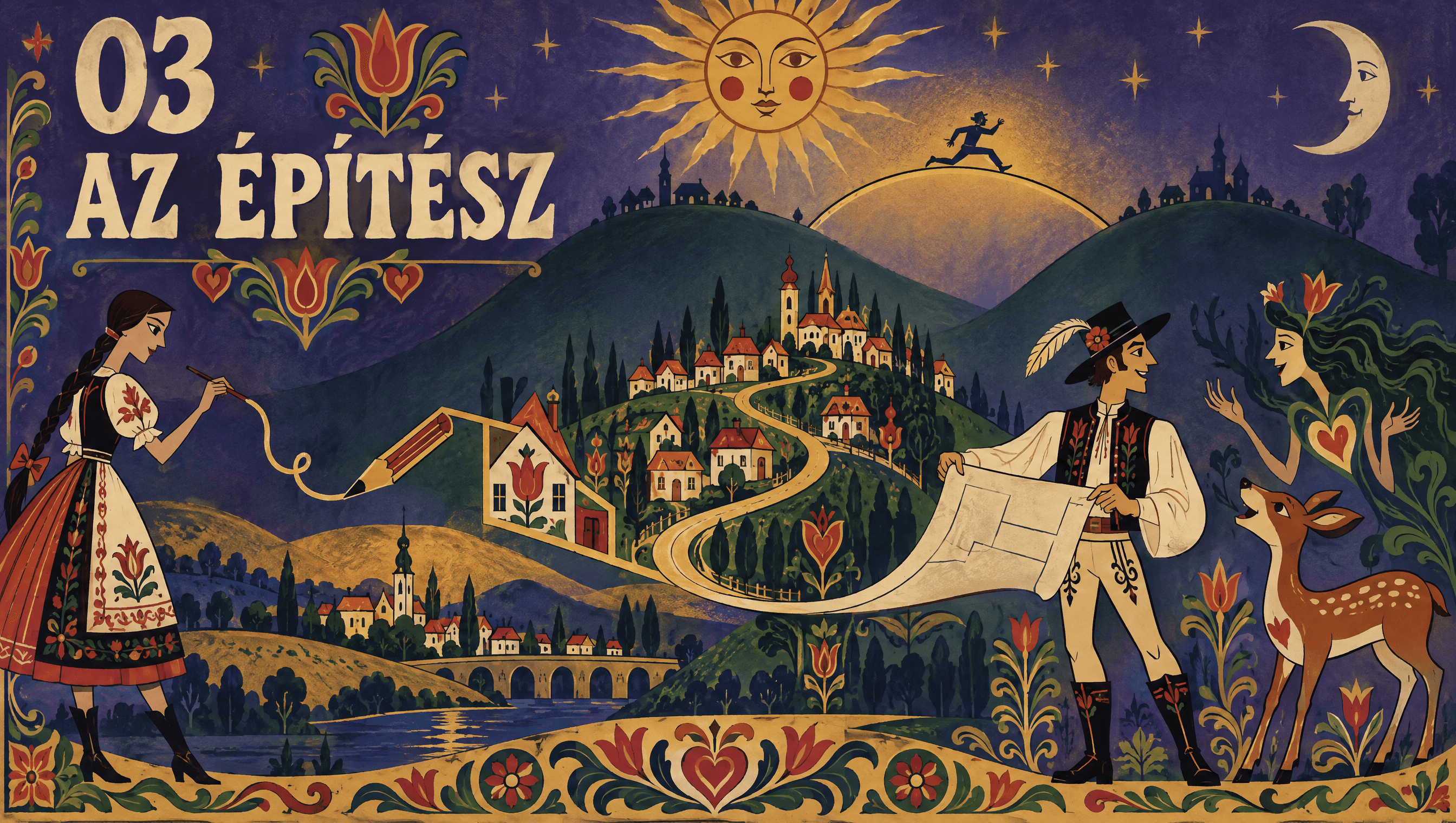 Népi festmény: balra egy népviseletes fiatal nő ecsettel húz egy vonalat, és abból nő ki minden: ceruza, tulipános ház, egész festett falu a dombon. A falu útja szalagként fut egy kalapos fiatal férfi kezébe, aki egy úttá váló tervet hajt ki, mellette egy álomszereplő és egy népi szarvas beszélget vele. A dombok között egy ugrás íve, fent napfej.